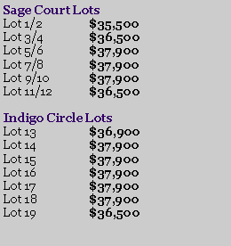 Text Box: Sage Court Lots
Lot 1/2 $35,500
Lot 3/4 $36,500
Lot 5/6 $37,900
Lot 7/8 $37,900
Lot 9/10 $37,900
Lot 11/12 $36,500
Indigo Circle Lots
Lot 13 $36,900
Lot 14 $37,900
Lot 15 $37,900
Lot 16 $37,900
Lot 17 $37,900
Lot 18 $37,900
Lot 19 $36,500